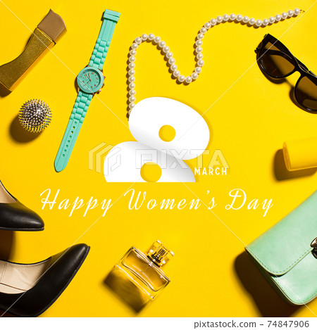 Composition of female accessories for International Women's Day. Composition of female accessories for International Women's Day. 74847906
