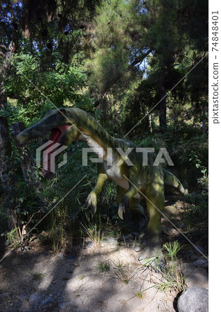 Roaring Baryonyx standing in tall grass display model Dinosaur statue in the forest park in nature for background. 74848401