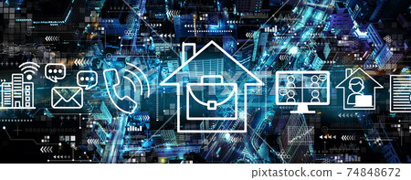 Telework theme with aerial view of city 74848672