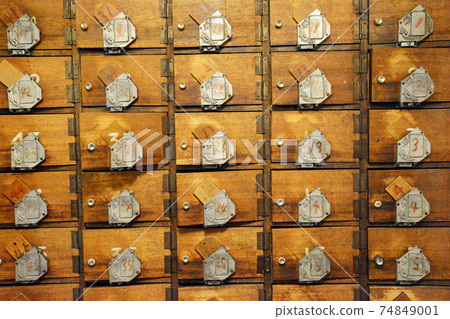 A wooden keyed shoe box from a long-established public bath that has been around since the Showa era. Locker. Shoe case. Shochiku lock. Historical drama. 74849001