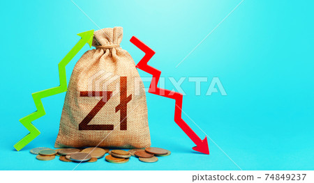 Polish zloty money bag and two arrows of profit loss. Income expense concept. Debit and credit. Budget implementation. Trade balance. Deposits or lending in banks. Financial flows. Capital movement. Polish zloty money bag and two arrows of profit loss. Income expense concept. Debit and credit. Budget implementation. Trade balance. Deposits or lending in banks. Financial flows. Capital movement. 74849237