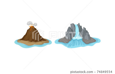 Islands with Waterfall and Volcano Surrounded by Water Vector Set 74849554