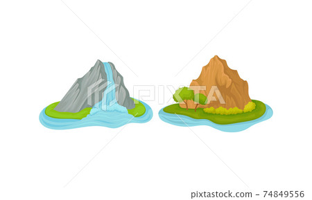 Islands with Waterfall and Rock Massif Surrounded by Water Vector Set 74849556