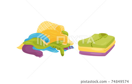 Pile of Dirty Clothing and Neatly Folded Clean Laundry Vector Set 74849574