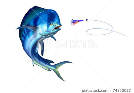 Blue plastic dolphin fish attacks bait sea swim squids skirt. 74850027