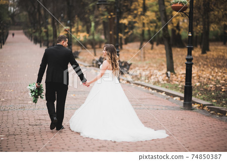 Romantic, fairytale, happy newlywed couple hugging and kissing in a park, trees in background Romantic, fairytale, happy newlywed couple hugging and kissing in a park, trees in background 74850387
