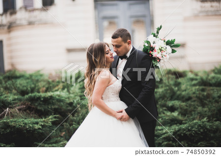 Luxury married wedding couple, bride and groom posing in old city Luxury married wedding couple, bride and groom posing in old city 74850392