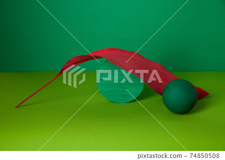 Composition of geometric figures and gentle leaf against green background 74850508