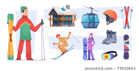 Ski resort. Christmas winter village snow activities in alps holiday landscape trails in mountain exact vector flat pictures of ski resort symbols 74850603