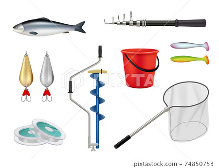 Fishing. Camping recreation items hooks spinner fishing rod butterfly decent vector realistic pictures set 74850753