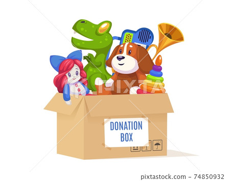 Donation cardboard box. Volunteer community support poor families and orphans, kids toys and games in container, help for children cartoon isolated on white background concept 74850932