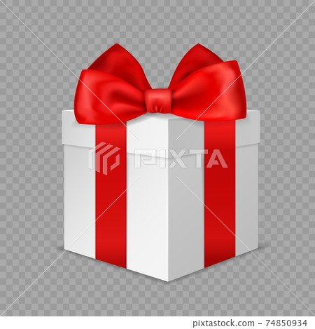 White gift box with red bow. Realistic wrapped present. 3D closed luxury packaging with satin ribbon angle view, birthday surprise, vector isolated on transparent background illustration 74850934