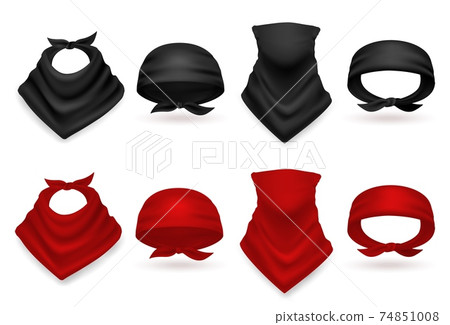 Realistic bandana set. Colored black and red handkerchiefs, scarf and neck accessory, stylish fabric head and hair accessories, costume element, fashion template vector isolated 3d mockup Realistic bandana set. Colored black and red handkerchiefs, scarf and neck accessory, stylish fabric head and hair accessories, costume element, fashion template vector isolated 3d mockup 74851008