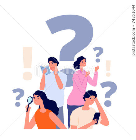 Interrogative concept. Flat people search, woman holding magnifier. Group investigation, searching solution answers. Ask person utter vector concept 74851044