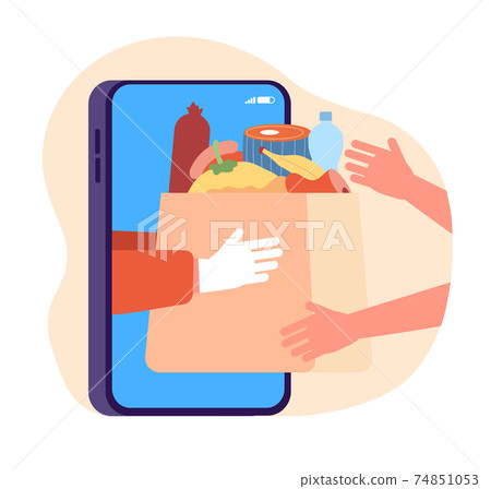 Online food store shopping. Grocery contactless delivery, flat internet supermarket app. Goods package from shop to home utter vector concept 74851053