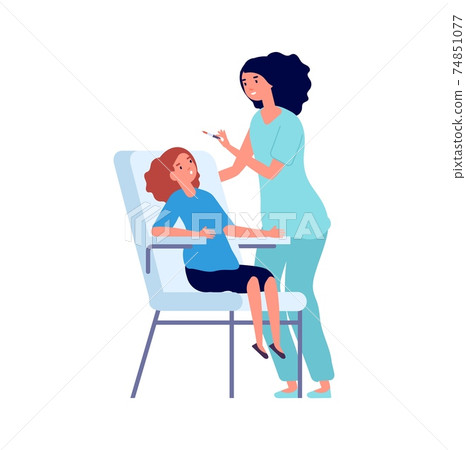 Vaccination time. Children vaccinate, doctor pediatric and little girl. Cartoon flat medical characters, healthcare and treatment vector illustration Vaccination time. Children vaccinate, doctor pediatric and little girl. Cartoon flat medical characters, healthcare and treatment vector illustration 74851077
