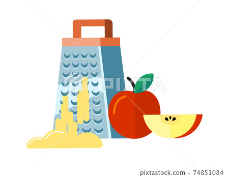 Flat food preparation. Apple chopping, fruit and grater. Fresh garden product grinding, seasonal vitamins cooking vector illustration Flat food preparation. Apple chopping, fruit and grater. Fresh garden product grinding, seasonal vitamins cooking vector illustration 74851084