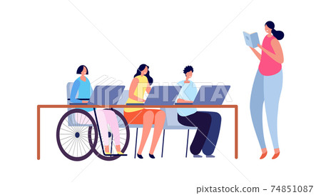 Accessible environment. Disabled child in school, collaborative learning and integration. Disability problems, kids adaptation vector illustration 74851087