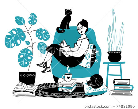 Girl reading books. Woman read book, female character relax on sofa. House time, teens stay home and learning. Decent cute cartoon person vector concept Girl reading books. Woman read book, female character relax on sofa. House time, teens stay home and learning. Decent cute cartoon person vector concept 74851090