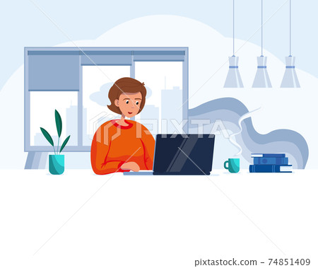 The girl behind the laptop works remotely from home during COVID-19 restrictions. Vector concept illustration of remote work 74851409