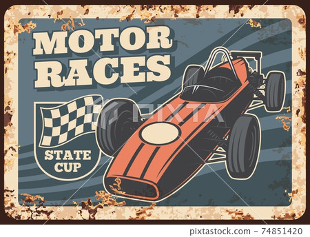 Motor races rusty metal plate vector retro vehicle Motor races rusty metal plate vector retro vehicle 74851420