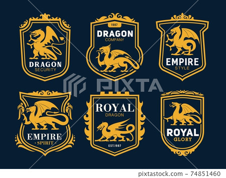 Royal heraldry icons with dragons, fantasy monster 74851460
