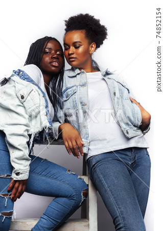 diverse multi nation girls, teenage friends cheerful having fun, happy smiling, cute posing isolated on white background, lifestyle people concept 74852154