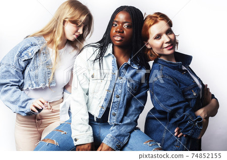 diverse multi nation girls group, teenage friends company cheerful having fun, happy smiling, cute posing isolated on white background, lifestyle people concept, african-american and caucasian 74852155