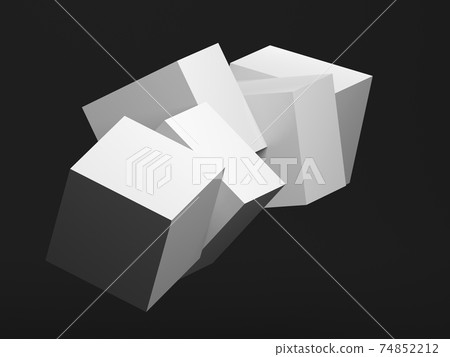 Abstract installation of five white cubes in an empty black room 3d 74852212