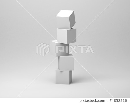 Abstract tower installation of five white cubes in an empty studio 74852216