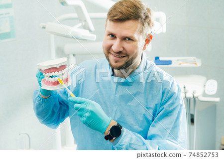 A model of a human jaw with teeth and a toothbrush in the dentist's hand 74852753