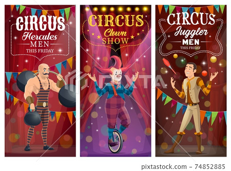 Circus clown, juggler and strongman characters Circus clown, juggler and strongman characters 74852885