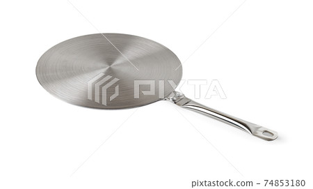 Side view of round stainless steel heat diffuser with handle isolated on white background. Side view of round stainless steel heat diffuser with handle isolated on white background. 74853180