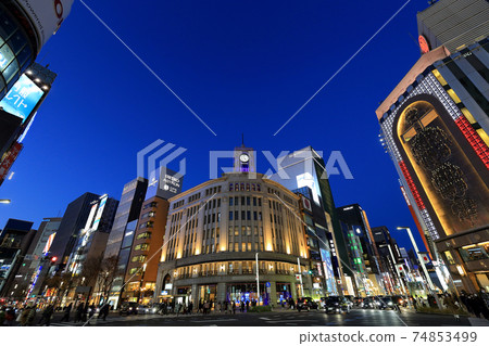 Night view of Tokyo Ginza 4-chome intersection 74853499