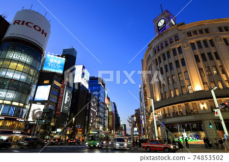 Night view of Tokyo Ginza 4-chome intersection 74853502