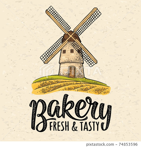 Windmill on wheat field. Vintage vector color engraving illustration 74853596