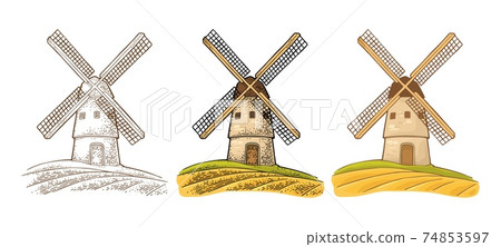 Windmill on wheat field. Vintage vector color engraving illustration 74853597