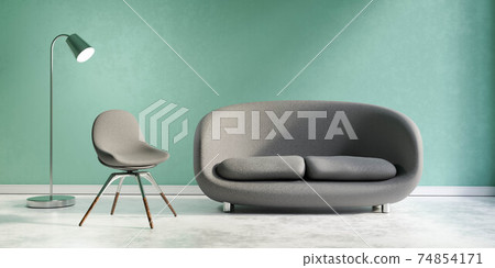 modern living room interior with green industrial grunge wall couch lamp and chair 3d render illustration 74854171