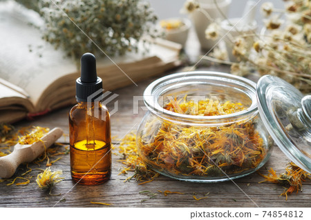 Dropper bottle of calendula infusion or oil, jar of dried marigold flowers, old recipes book and chamomile bunch on background. Alternative medicine. 74854812