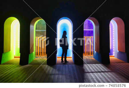 Night View of Haeundae Beach Train, Busan, South Korea Asia. 74858576