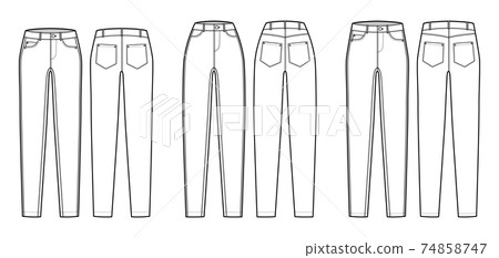 Set of Jeans tapered Denim pants technical fashion illustration with full length, normal low waist, high rise, 5 pockets Set of Jeans tapered Denim pants technical fashion illustration with full length, normal low waist, high rise, 5 pockets 74858747