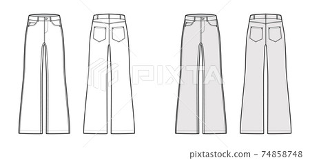 Set of Jeans wide leg Denim pants technical fashion illustration with full length, low waist, rise, 5 pockets, Rivets Set of Jeans wide leg Denim pants technical fashion illustration with full length, low waist, rise, 5 pockets, Rivets 74858748