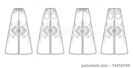 Set of Phat Pants Denim Jeans technical fashion illustration with full length, normal low waist, high rise, wide legs Set of Phat Pants Denim Jeans technical fashion illustration with full length, normal low waist, high rise, wide legs 74858749