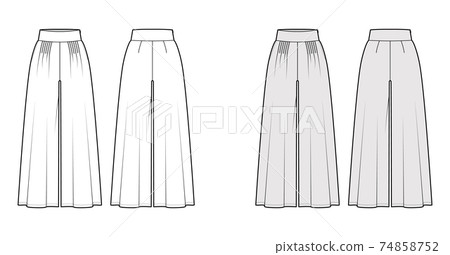 Pants gaucho technical fashion illustration with low waist, rise, pleated, ankle cropped length, seam pockets. Flat  74858752