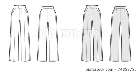 Pants tuxedo technical fashion illustration with extended normal waist, rise, full length, pockets, side satin stripe Pants tuxedo technical fashion illustration with extended normal waist, rise, full length, pockets, side satin stripe 74858753