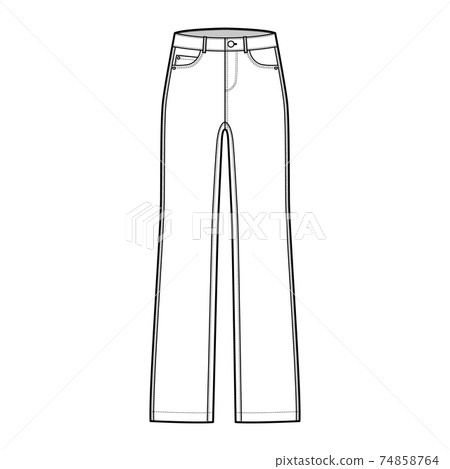 Straight Jeans Denim pants technical fashion illustration with full length, low waist, 5 pockets, Rivets, belt loops 74858764