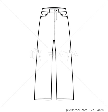 Baggy Jeans Denim pants technical fashion illustration with full length, low waist, rise, 5 pockets, Rivets, belt loops 74858789