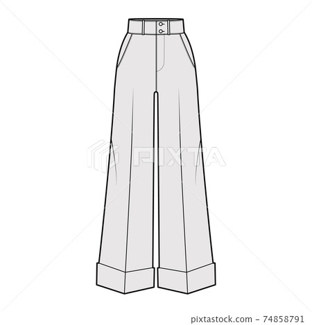 Pants oxford tailored technical fashion illustration with normal waist, high rise, full length, slant jetted pockets Pants oxford tailored technical fashion illustration with normal waist, high rise, full length, slant jetted pockets 74858791