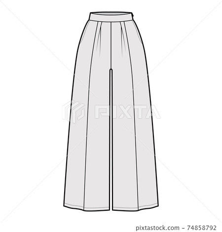 Pants gaucho technical fashion illustration with low normal waist, high rise, single pleat, cropped length, seam pockets Pants gaucho technical fashion illustration with low normal waist, high rise, single pleat, cropped length, seam pockets 74858792