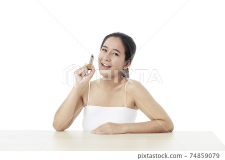 Portrait beautiful young woman with makeup lipstick Portrait beautiful young woman with makeup lipstick 74859079
